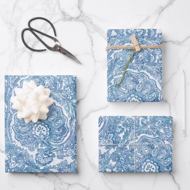 Hoja De Papel De Regalo Patrón azul Boho Paisley (Anverso)