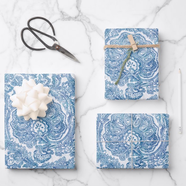 Hoja De Papel De Regalo Patrón azul Boho Paisley (Anverso)