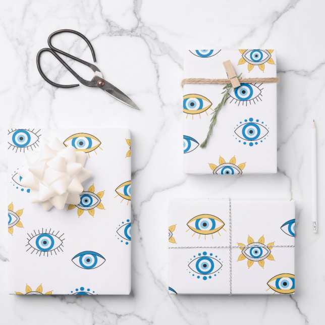 Hoja De Papel De Regalo Patrón azul, oro y blanco de Mati de ojos griegos (Anverso)
