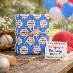 Hoja De Papel De Regalo Patrón Azul Pelota Béisbol Nombre Niños 