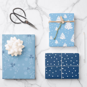 Hoja De Papel De Regalo Patrón blanco azul Holly de árbol de Navidad