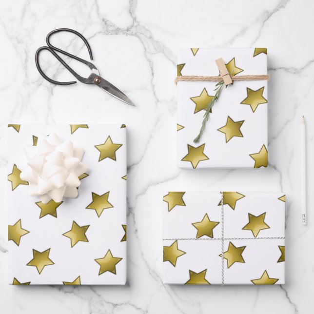 Hoja De Papel De Regalo Patrón blanco elegante de estrellas doradas (Anverso)
