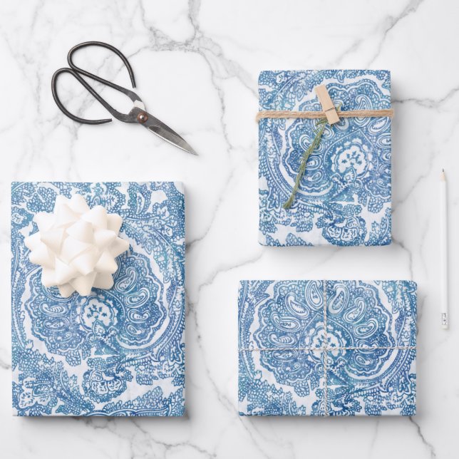 Hoja De Papel De Regalo Patrón Blue Boho Lace Paisley (Anverso)
