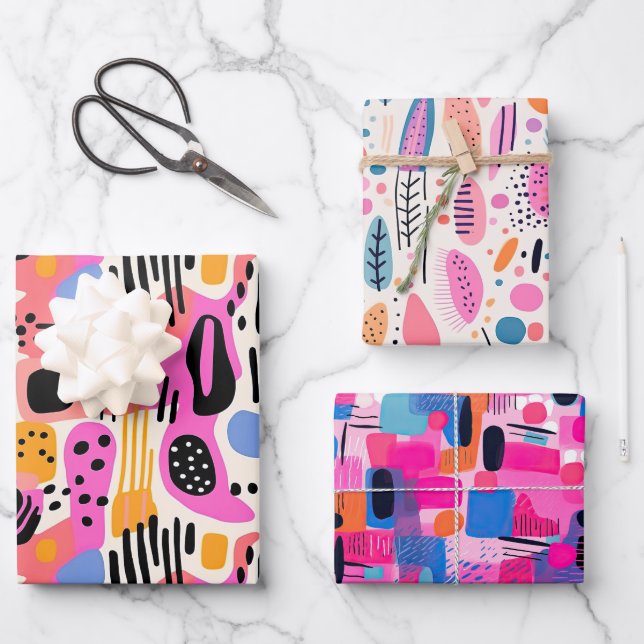 Hoja De Papel De Regalo Patrón bohemio rosa, púrpura y azul (Anverso)