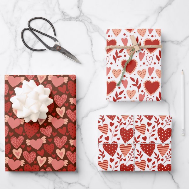 Hoja De Papel De Regalo Patrón Boho Red Pink Valentine Hearts Set 2 (Anverso)