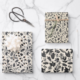 Hoja De Papel De Regalo Patrón botánico blanco y negro Navidades rústicos