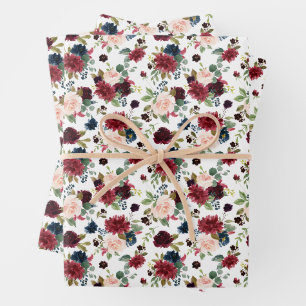 Hoja De Papel De Regalo Patrón botánico de acuarela de Borgoña y Azul Mari