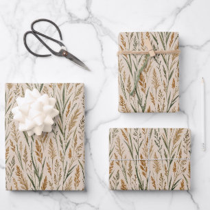 Hoja De Papel De Regalo Patrón Botánico de Acuarela de Pradera Dorada