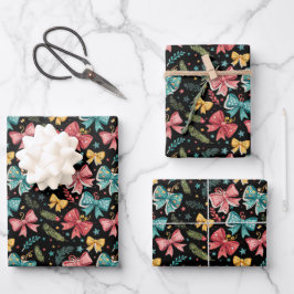 Hoja De Papel De Regalo Patrón Bow con estrellas y ramas de pino