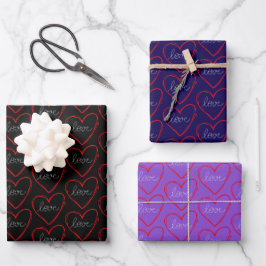 Hoja De Papel De Regalo Patrón cardíaco de amor puro en negro, azul y púrp