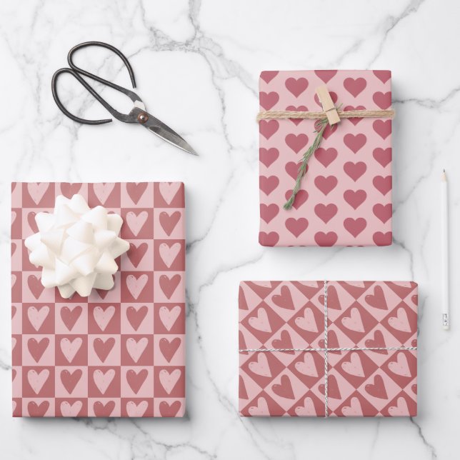 Hoja De Papel De Regalo Patrón cardíaco de San Valentín rojo y rosa (Anverso)