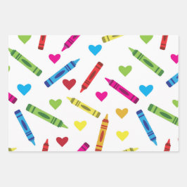 Hoja De Papel De Regalo Patrón Colorido de Crayones Escolares con Corazone