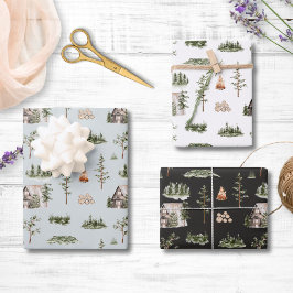 Hoja De Papel De Regalo Patrón continuo de cabaña forestal en acuarela