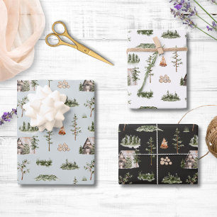 Hoja De Papel De Regalo Patrón continuo de cabaña forestal en acuarela