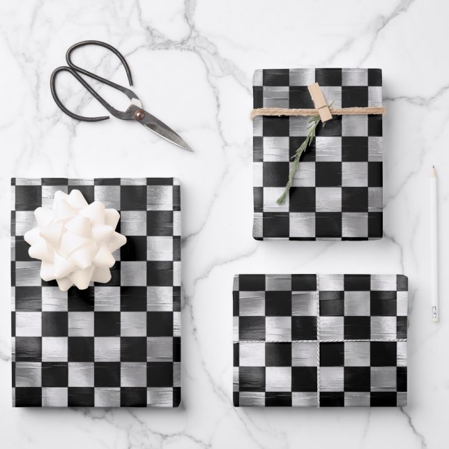 Hoja De Papel De Regalo patrón cuadrado metálico negro plateado (Anverso)