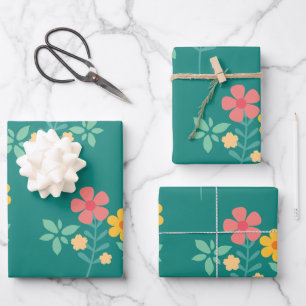 Hoja De Papel De Regalo Patrón Daisy Vintage Bouquet en verde