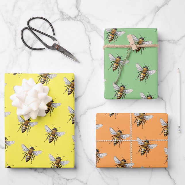 Hoja De Papel De Regalo Patrón de abeja de miel moderna genial en amarillo (Anverso)