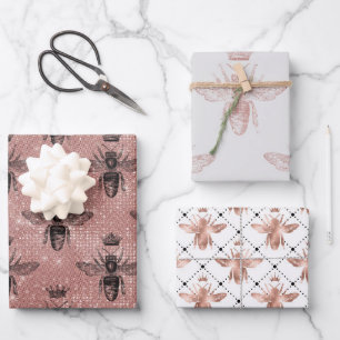 Hoja De Papel De Regalo Patrón de abeja de oro rosa