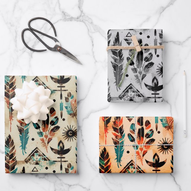 Hoja De Papel De Regalo Patrón de acuarela de arte tribal étnico estadouni (Anverso)