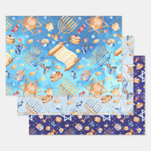 Hoja De Papel De Regalo Patrón de acuarela de blues de Hanukkah Chanukah M
