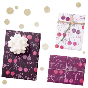 Hoja De Papel De Regalo Patrón de acuarela de cerezas con lazos y moños