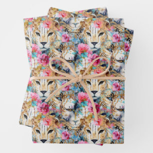Hoja De Papel De Regalo Patrón de acuarela de Cheetah Floral Boho