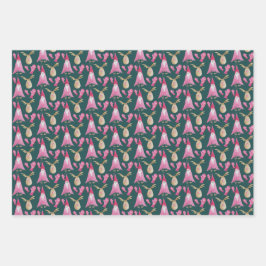 Hoja De Papel De Regalo Patrón de acuarela de enanos y renos rosados