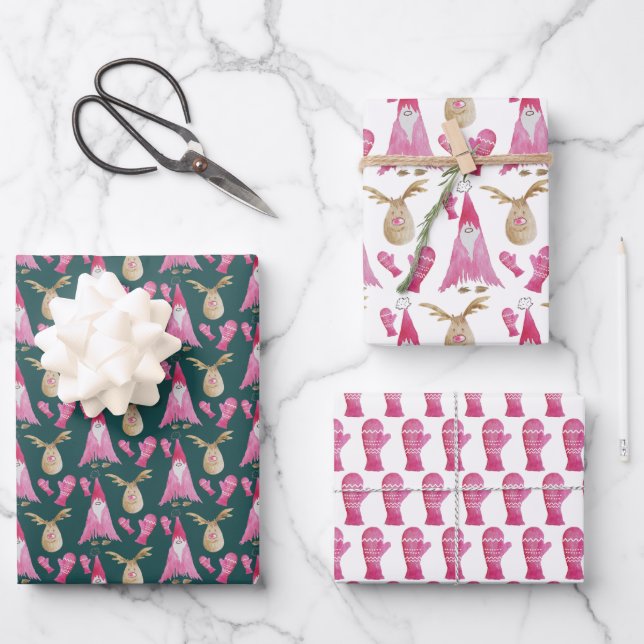 Hoja De Papel De Regalo Patrón de acuarela de enanos y renos rosados (Anverso)