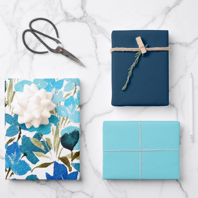 Hoja De Papel De Regalo Patrón de acuarela de flores silvestres azul (Anverso)