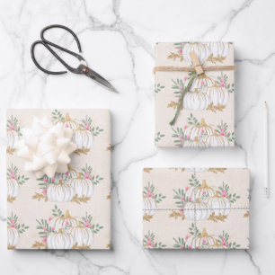 Hoja De Papel De Regalo Patrón de acuarela de las calabazas blancas y dora