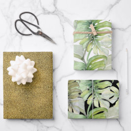 Hoja De Papel De Regalo Patrón de acuarela de monstera tropical de oro de 
