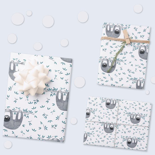Hoja De Papel De Regalo Patrón de acuarela de ranura corta (Fun watercolor sloth gift wrapping paper sheets with three different scales of pattern)