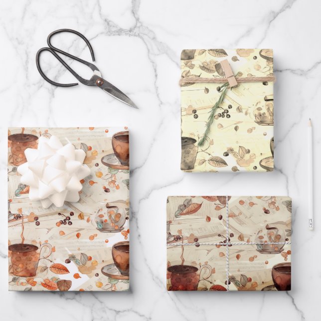 Hoja De Papel De Regalo Patrón de acuarela en tiempo de café (Anverso)