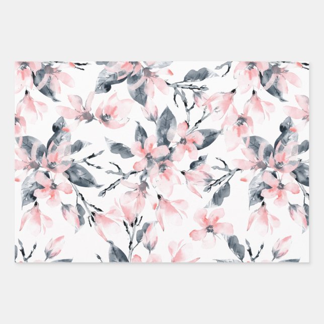 Hoja De Papel De Regalo Patrón de acuarela floral rosa y gris (Anverso)