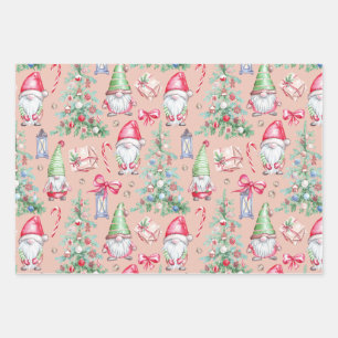 Hoja De Papel De Regalo Patrón de acuarela Gnome para Navidades modernos