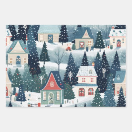 Hoja De Papel De Regalo Patrón de aldea de Navidades festivos de época