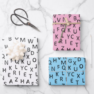 Hoja De Papel De Regalo Patrón de alfabeto minimalista en negro, blanco, r