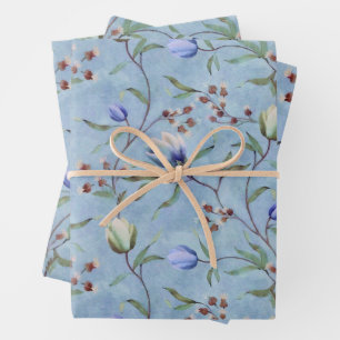 Hoja De Papel De Regalo Patrón de anémones de tulipanes azules y blancos