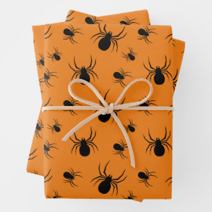 Hoja De Papel De Regalo Patrón de arañas de Halloween Negro y Naranja