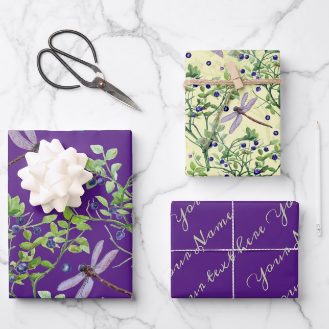 Hoja De Papel De Regalo Patrón de arándano con libélulas (Anverso)