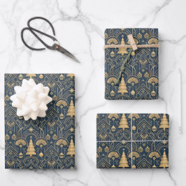 Hoja De Papel De Regalo Patrón de árbol de Navidad Art Déco azul marino