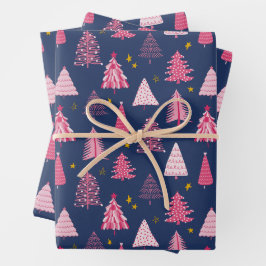 Hoja De Papel De Regalo Patrón de árbol de Navidad azul y rosa