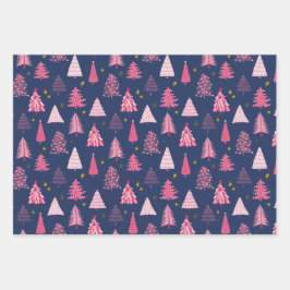 Hoja De Papel De Regalo Patrón de árbol de Navidad azul y rosa