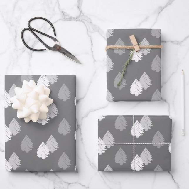 Hoja De Papel De Regalo Patrón de árbol de Navidad blanco gris (Anverso)