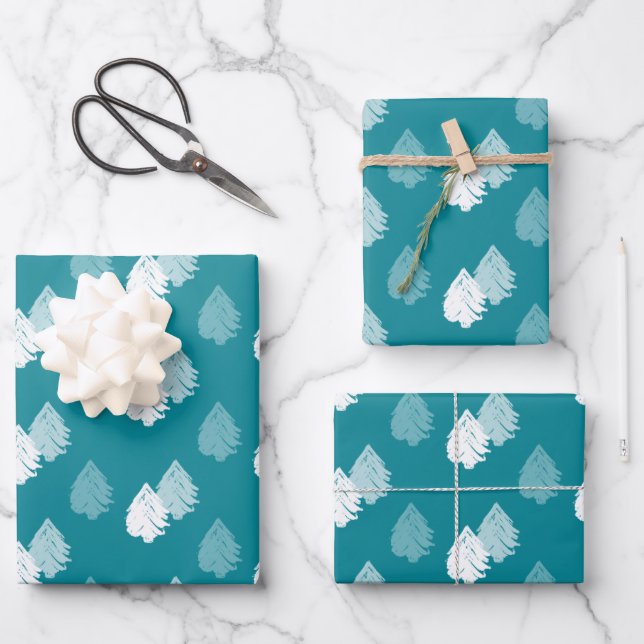 Hoja De Papel De Regalo Patrón de árbol de Navidad blanco verde azulado (Anverso)