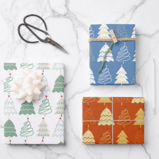 Hoja De Papel De Regalo Patrón de árbol de Navidad en verde azul retro roj