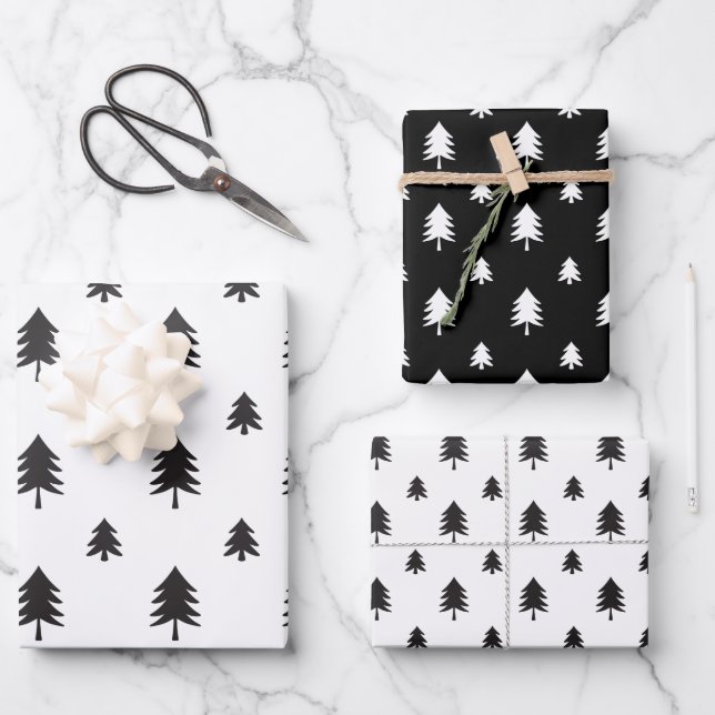 Hoja De Papel De Regalo Patrón de árbol de navidad moderno negro y blanco (Anverso)