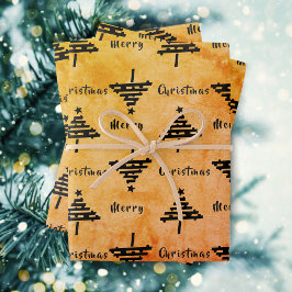 Hoja De Papel De Regalo Patrón de árbol de Navidad negro naranja moderno V