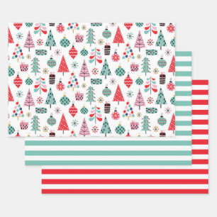 Hoja De Papel De Regalo Patrón de árbol de Navidad y rayas   Moderno y lin