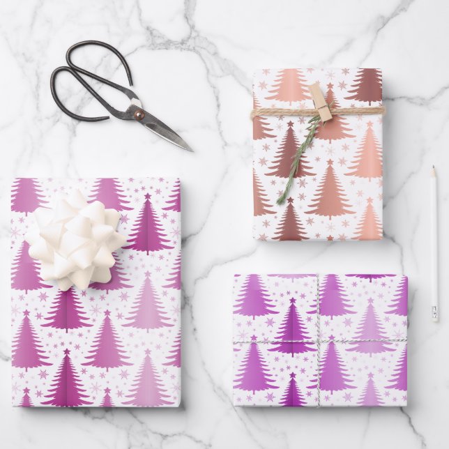 Hoja De Papel De Regalo Patrón de Árboles de Navidad Purple y Metálico de  (Anverso)